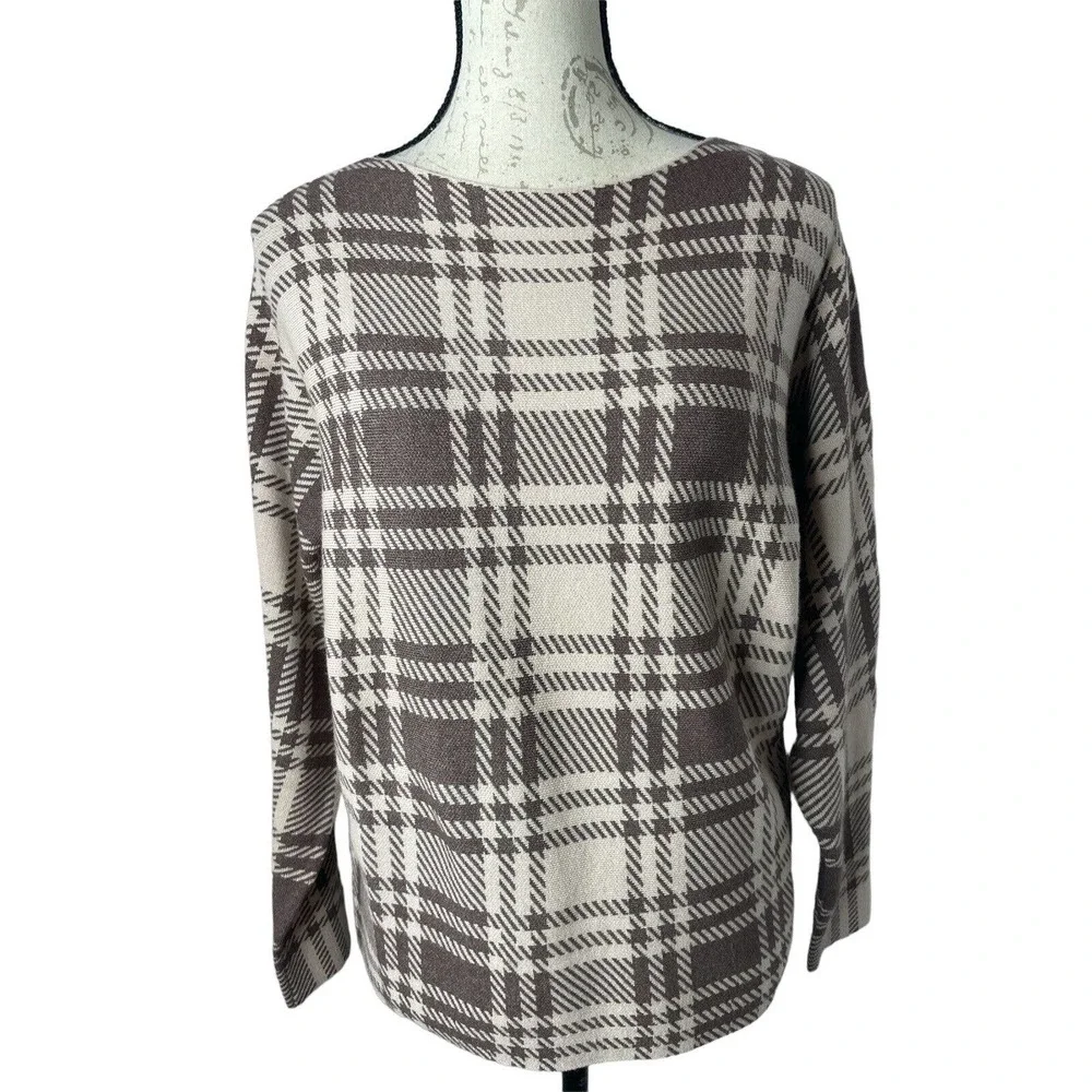 NEW! NWT ADRIENNE VITTADINI Check Print Sweater Brown/Beige Size‎ S - Picture 2 of 7